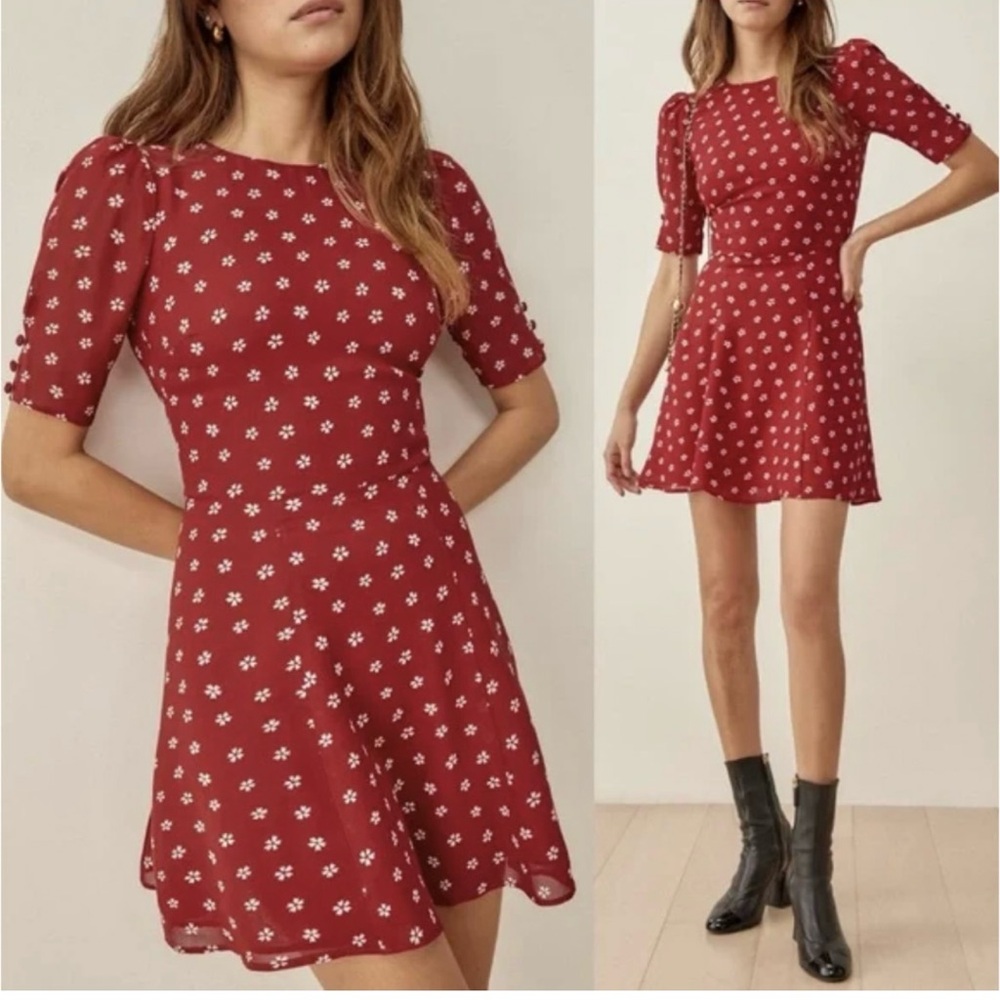 Reformation Bard Dress Mini Red White Floral Size 2